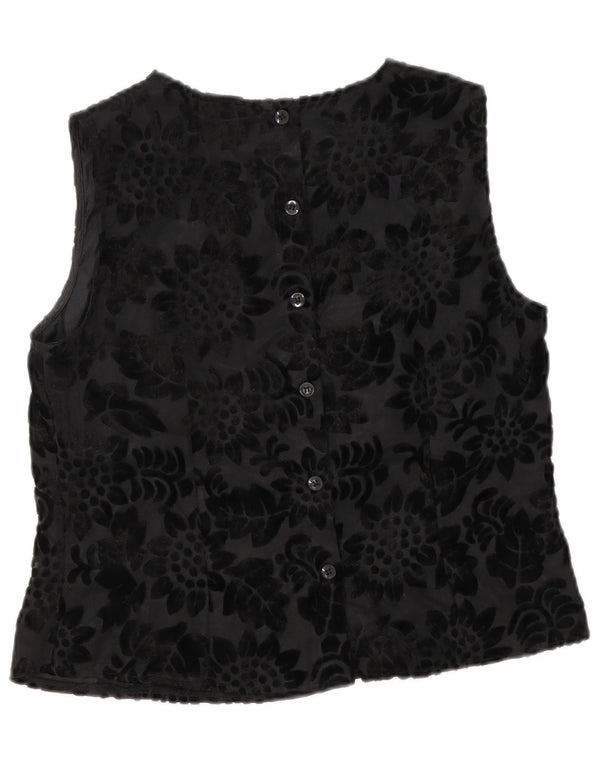 Vintage Kvinders Ærmeløs Crop Bluse Top UK 14 Medium Black Floral