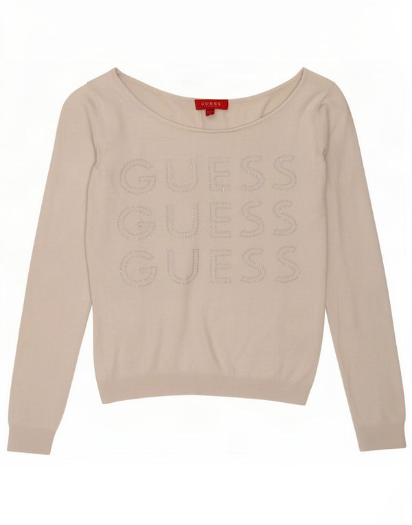 Guess Womens Crop Graphic Boat Neck Jumper Sweater UK 6 XS White Viscose