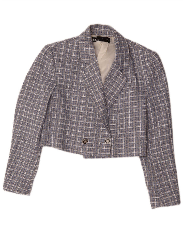 Zara Dame Crop Dobbeltradet Blazer Jacket UK 14 Medium Blue Check