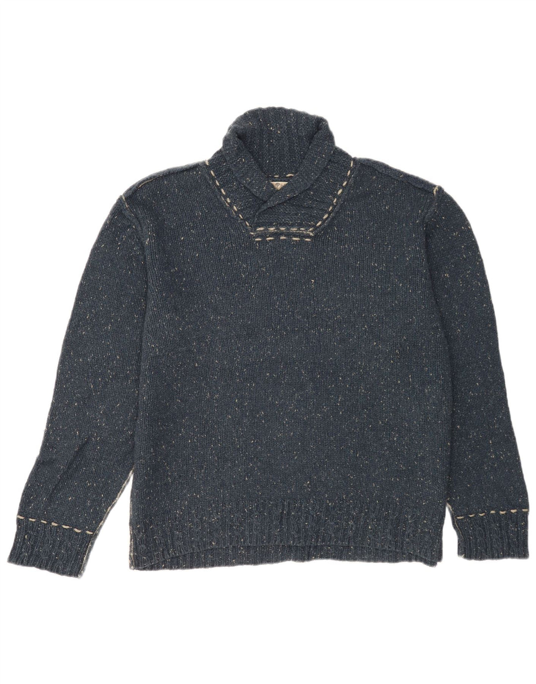 Fedt ansigt Herre Sjal Hals Jumper Sweater Stor Marineblå Flecked Uld