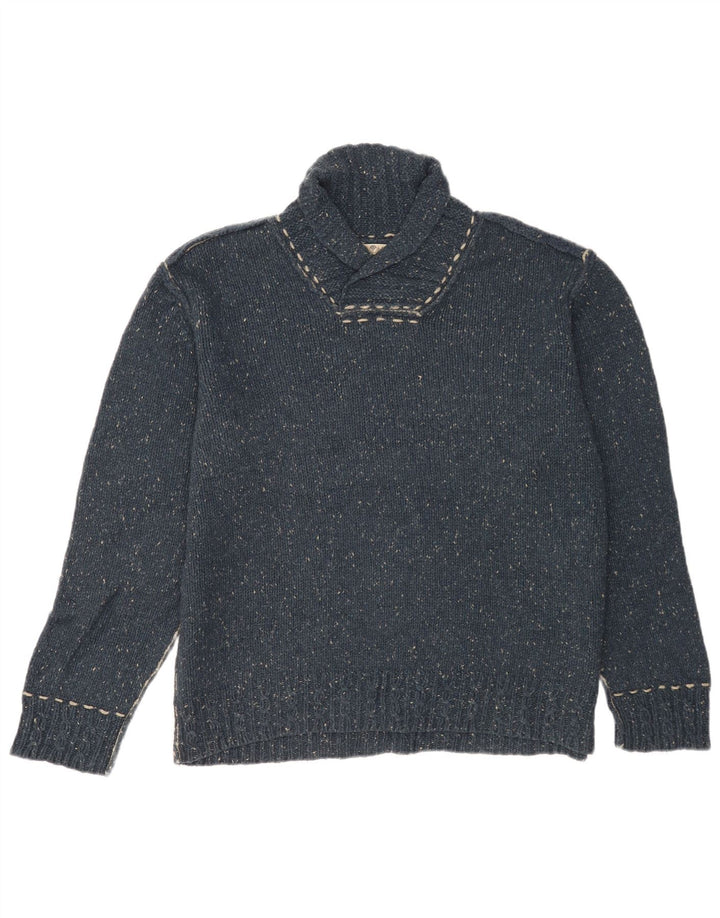 Fedt ansigt Herre Sjal Hals Jumper Sweater Stor Marineblå Flecked Uld