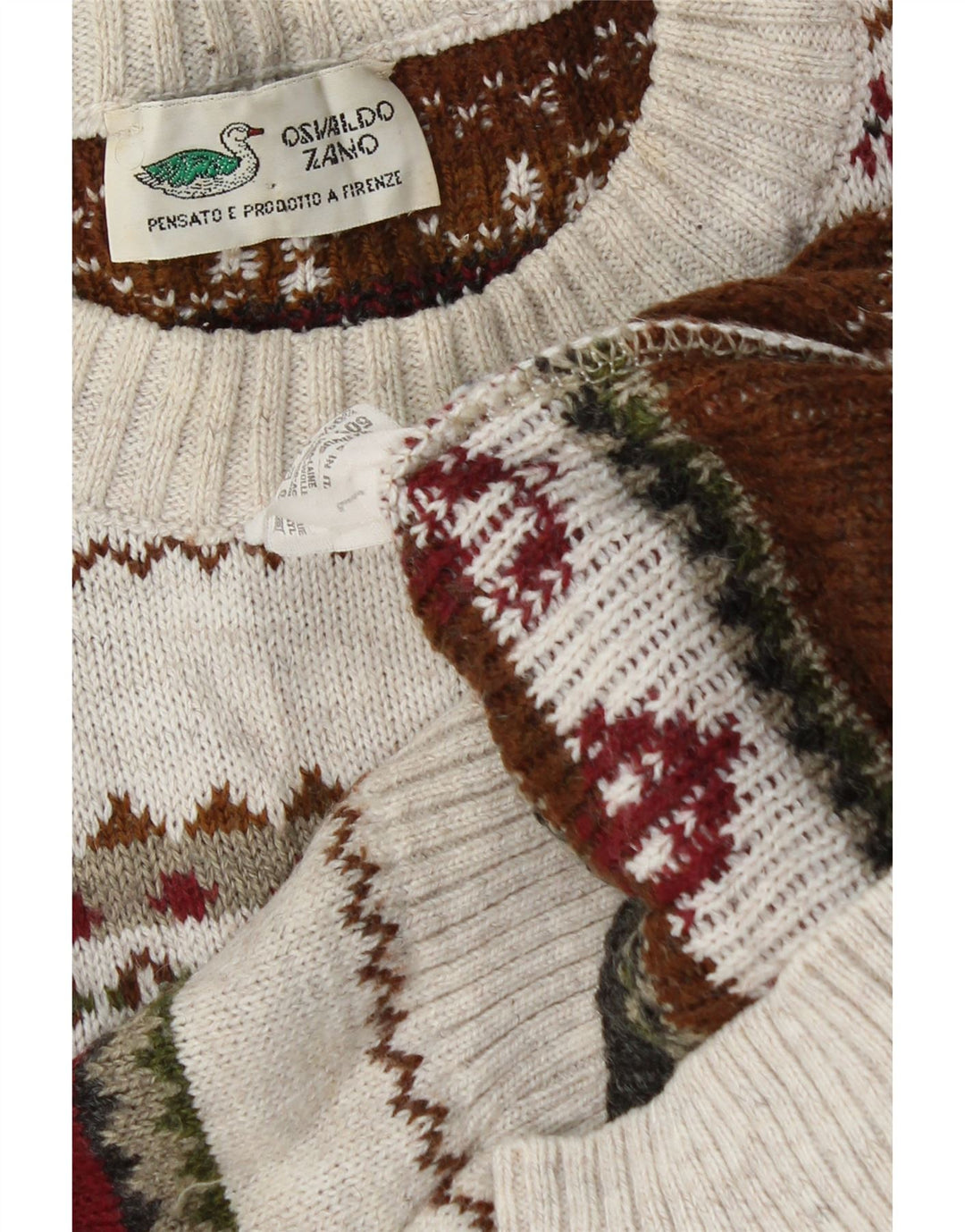 Vintage herre sweater med rund hals, stor off-hvid geometrisk uld