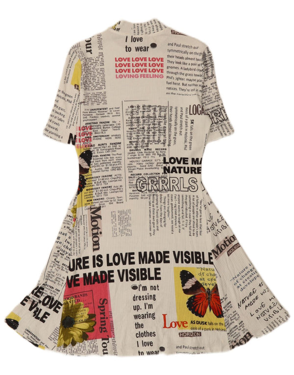 Desigual Dameavis Grafisk A-Line Kjole UK 12 Medium White Viscose