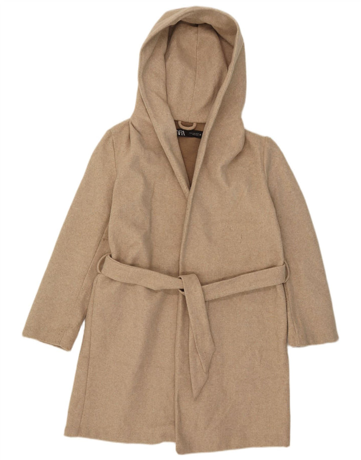 Zara Overfrakke med hætte til kvinder UK 14 Medium Beige Polyester
