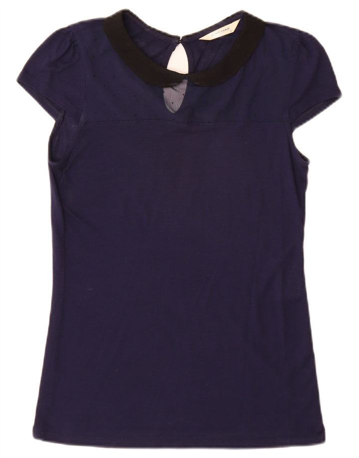 Naf Naf Dame Bluse Top UK 10 Small Navy Blue Colourblock Modal