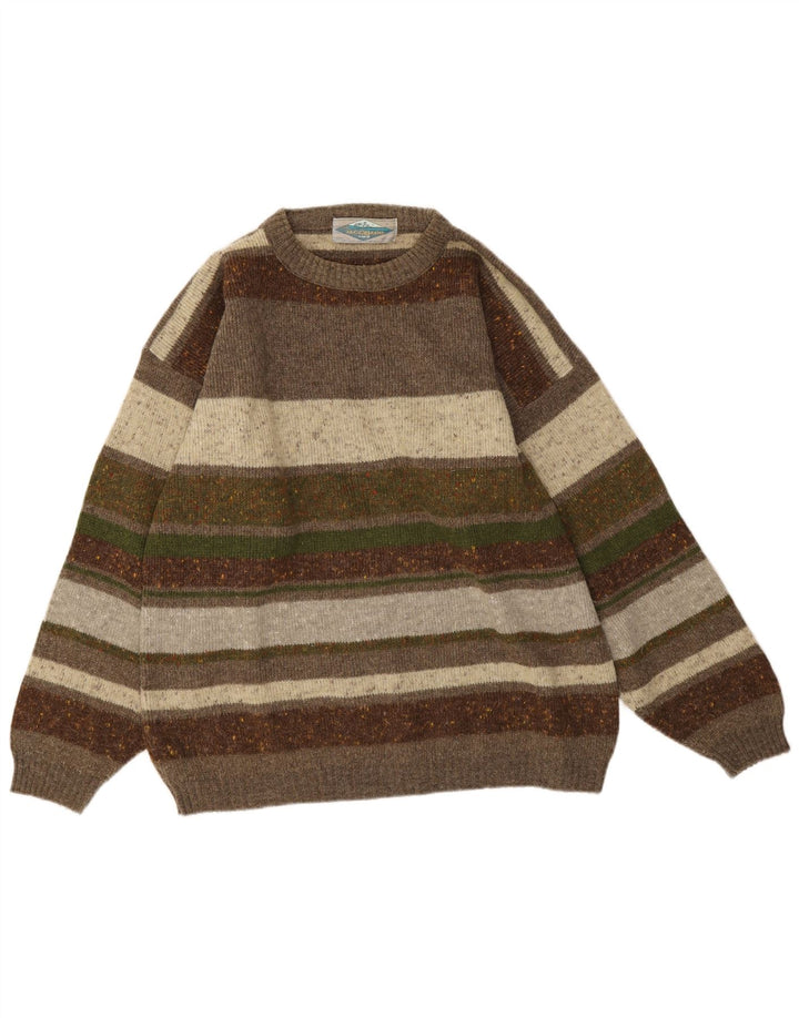 Vintage mænd med rund hals sweater medium Khaki stribet uld