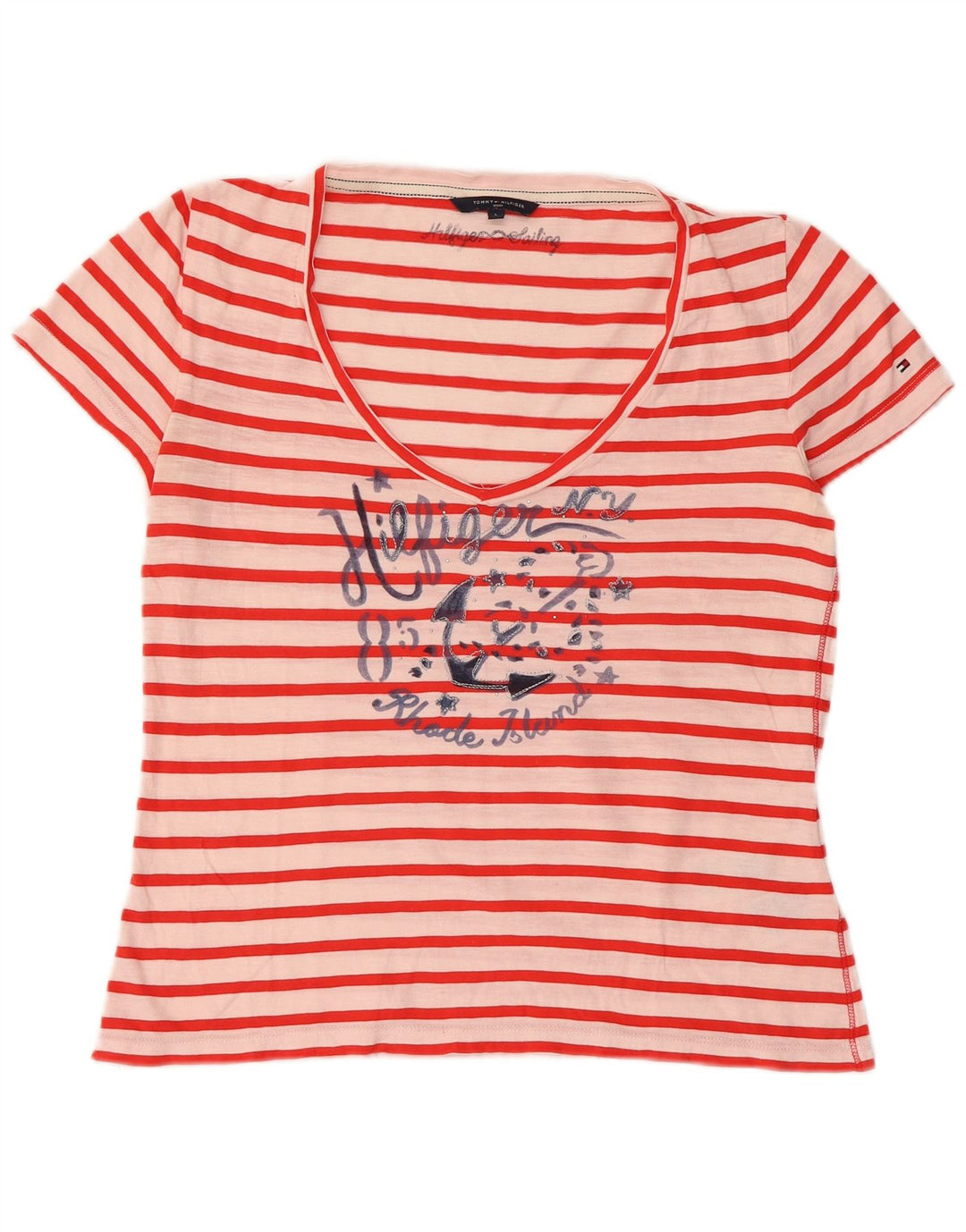 TOMMY HILFIGER Dame Crop Grafisk T-Shirt Top UK 14 Stor rød stribet
