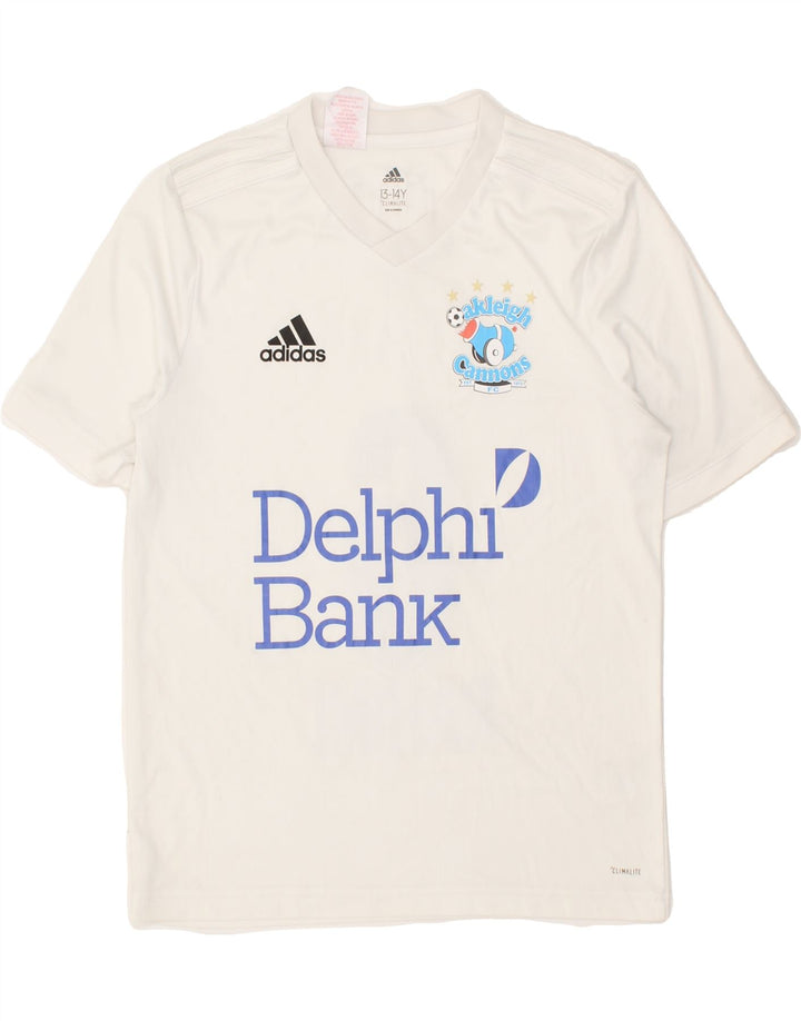 ADIDAS Boys Climalite Graphic T-Shirt Top 13-14 Years White Polyester Vintage Adidas and Second-Hand Adidas from Messina Hembry 