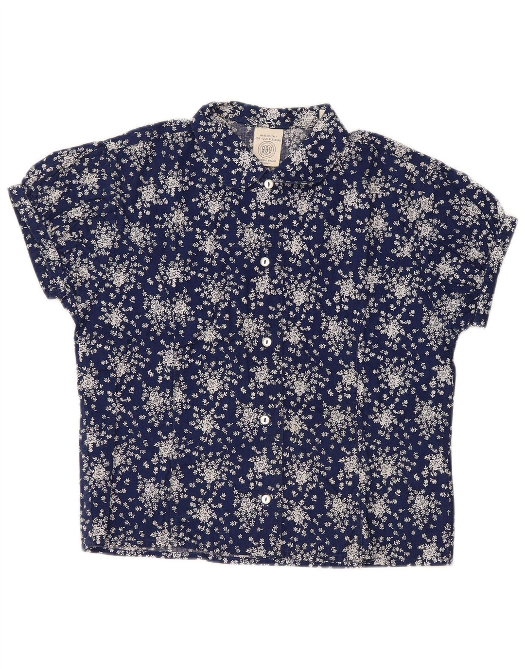 SISLEY Womens Crop kortærmet skjortebluse UK 14 Large Navy Blue Floral