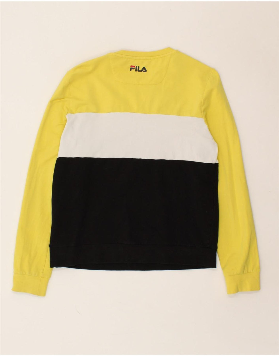 FILA Womens Graphic Top Long Sleeve UK 14 Medium Yellow Colourblock Cotton Vintage Fila and Second-Hand Fila from Messina Hembry 