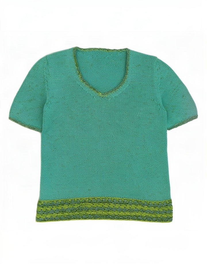 Vintage Dame V-hals sweater UK 14 Medium Green Colourblock