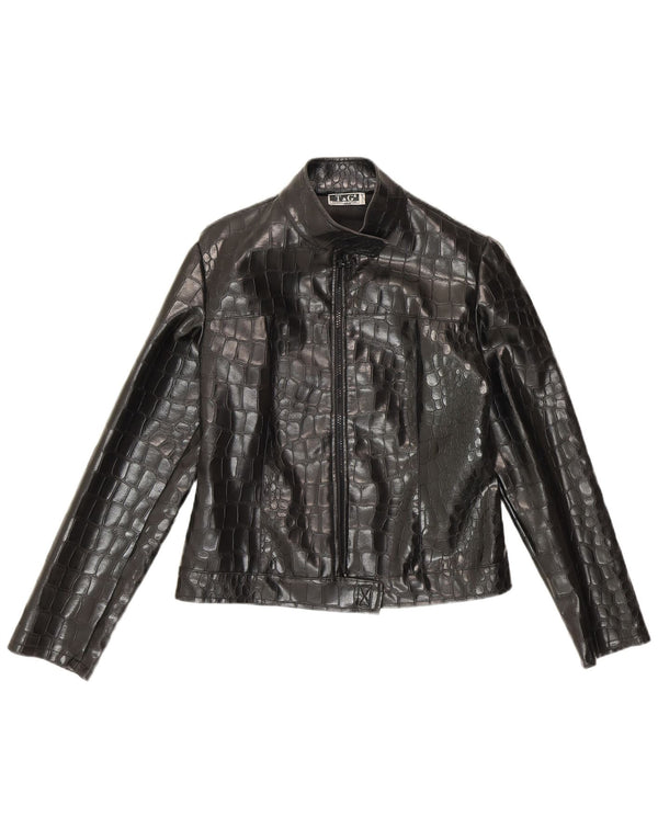 Vintage Kvinders imiteret læder Bomber Jacket UK 10 Small Black Animal Print
