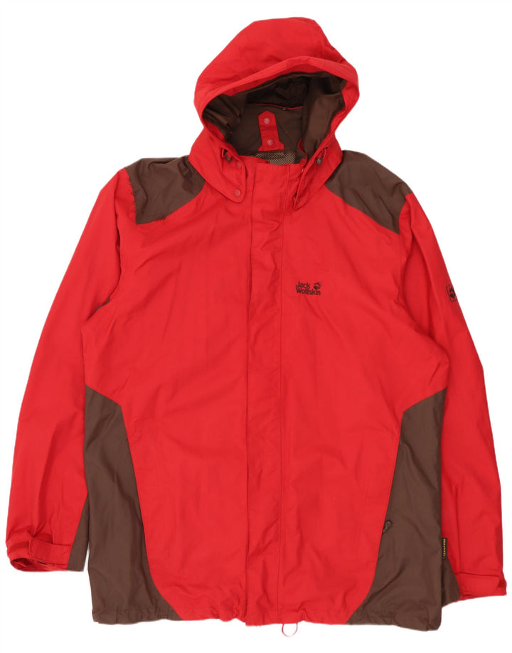 Jack Wolfskin Regnjakke med hætte til mænd UK 48 2XL Rød Colourblock Polyamid