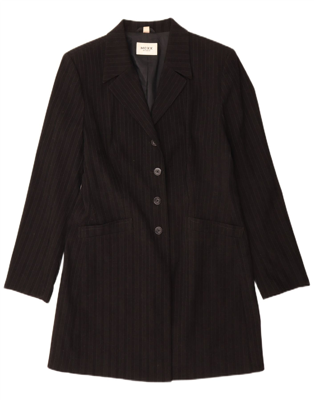 Mexx Dame Overfrakke UK 16 Stor Sort Stribet Polyester