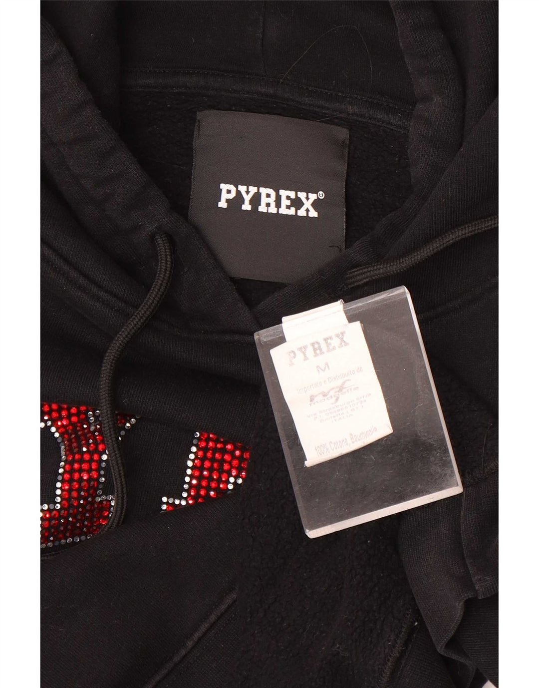 Pyrex Womens Crop Graphic Hoodie Jumper UK 14 Medium Black Bomuld