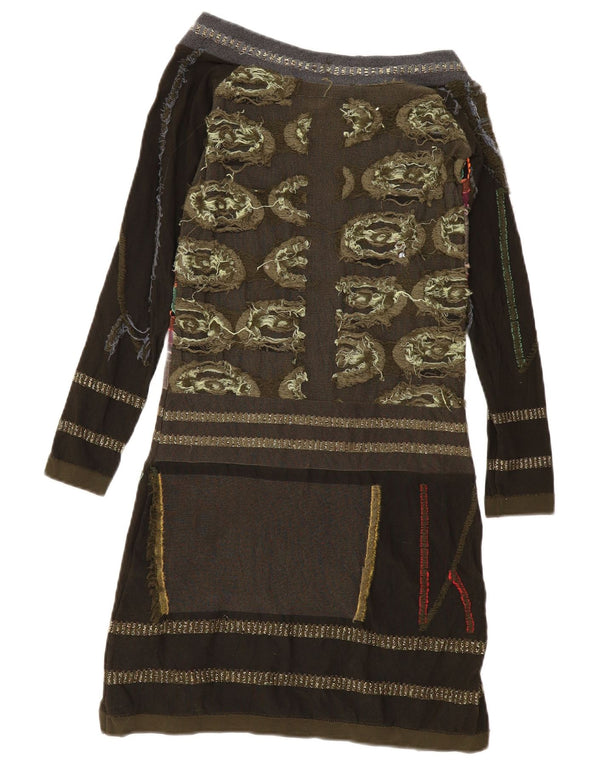 Desigual Kvinders Grafisk Off Shoulder Kjole UK 8 Small Khaki Geometric