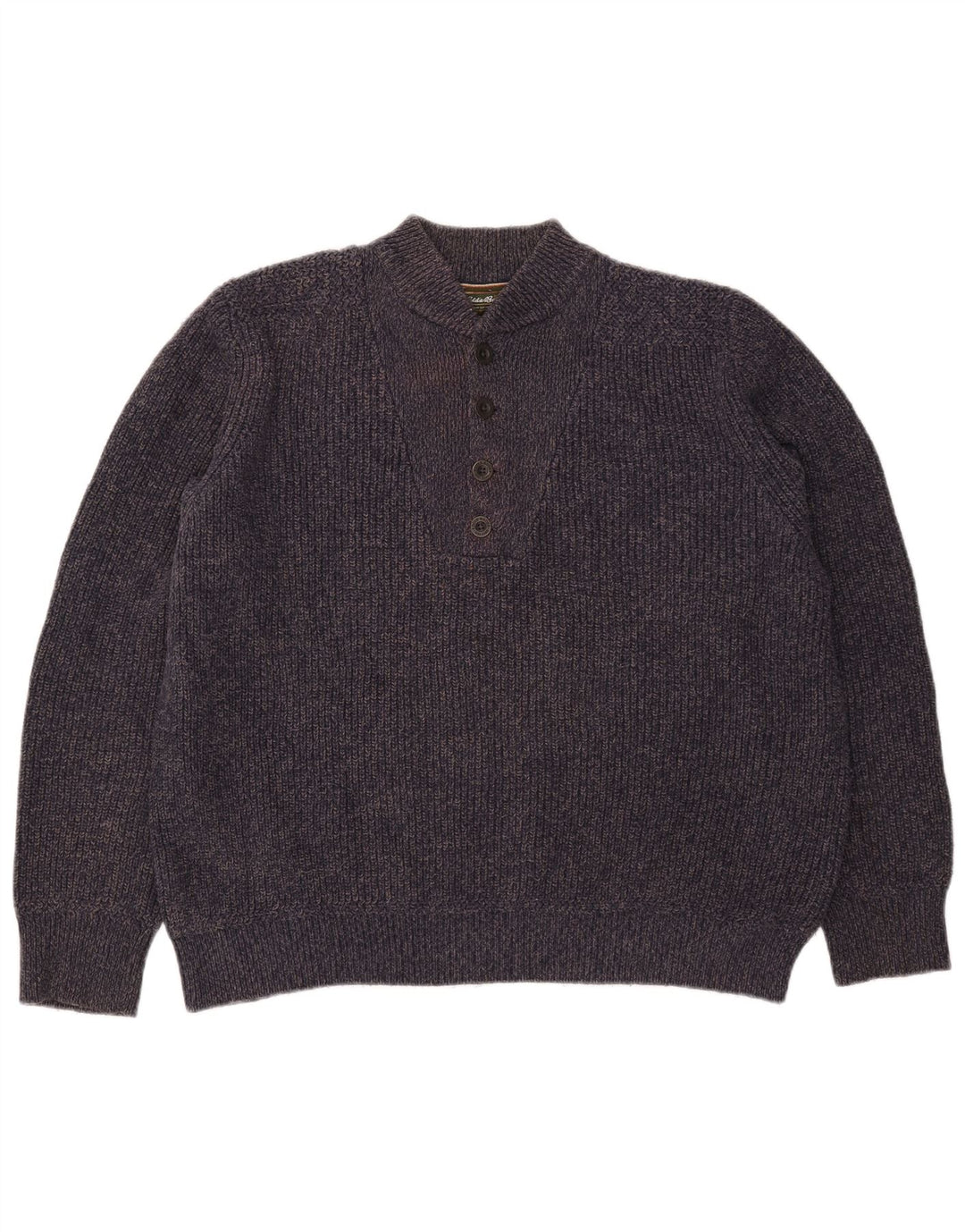 Eddie Bauer Herre Button Neck Jumper Sweater Large Navy Blue Flecked Bomuld