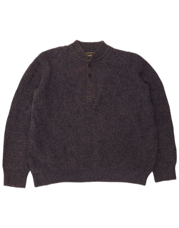Eddie Bauer Herre Button Neck Jumper Sweater Large Navy Blue Flecked Bomuld