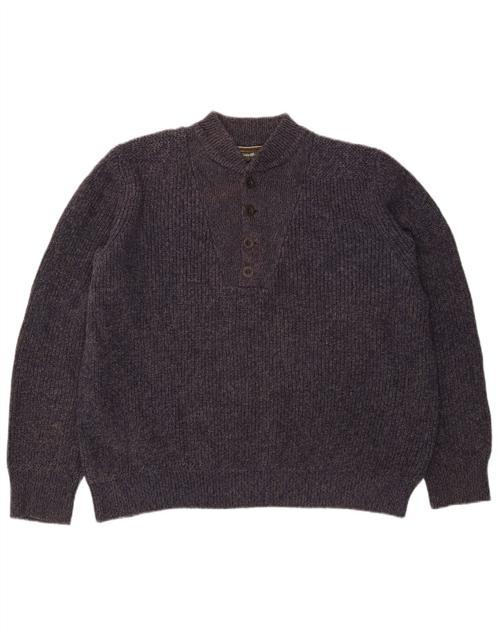 Eddie Bauer Herre Button Neck Jumper Sweater Large Navy Blue Flecked Bomuld