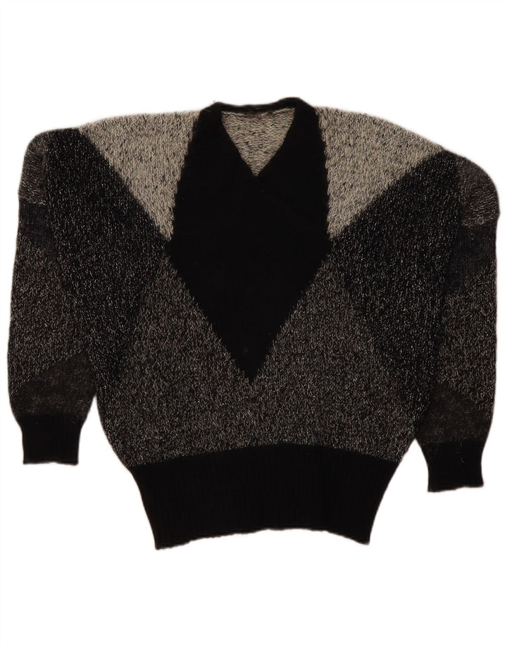 Vintage Dame Oversized V-hals sweater UK 10 Small Grey Colourblock