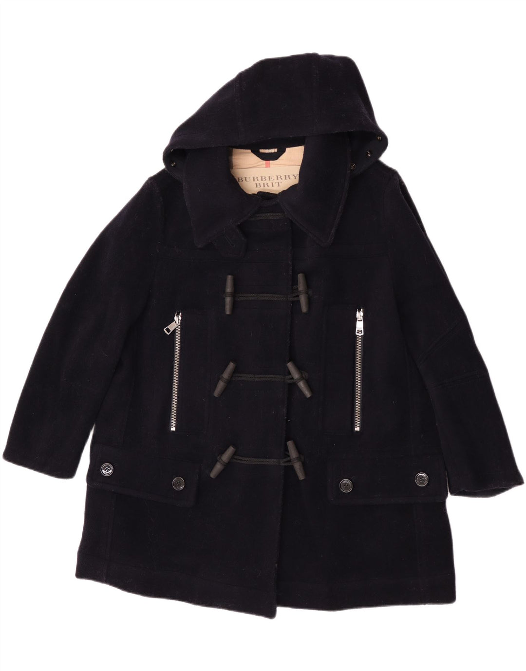 Burberry Dame Oversized Hooded Duffel Coat UK 6 XS Navy Blue Wool Classic