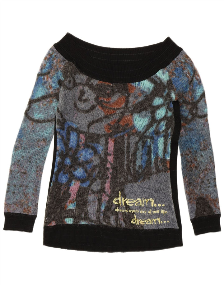 DESIGUAL Dame Boat Neck Jumper Sweater UK 12 Medium Sort Farverig
