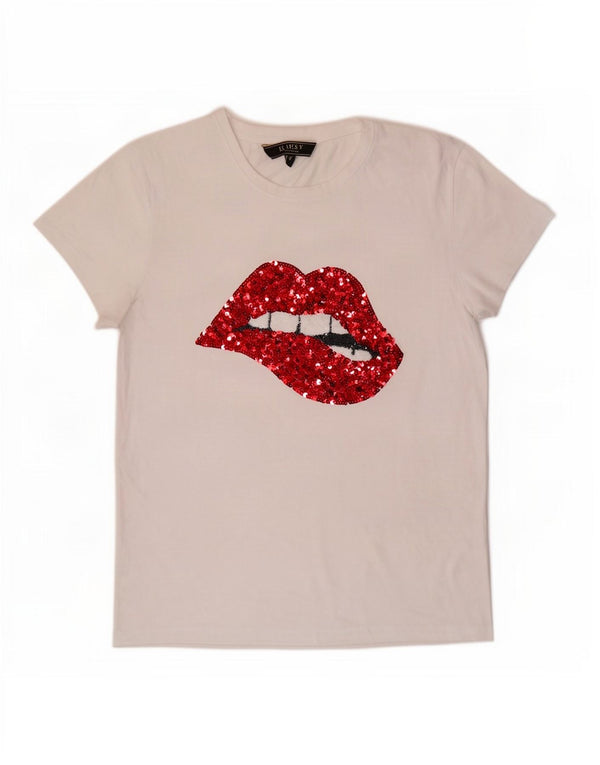 Lipsy Dame Grafisk T-Shirt Top UK 14 Medium Hvid Bomuld