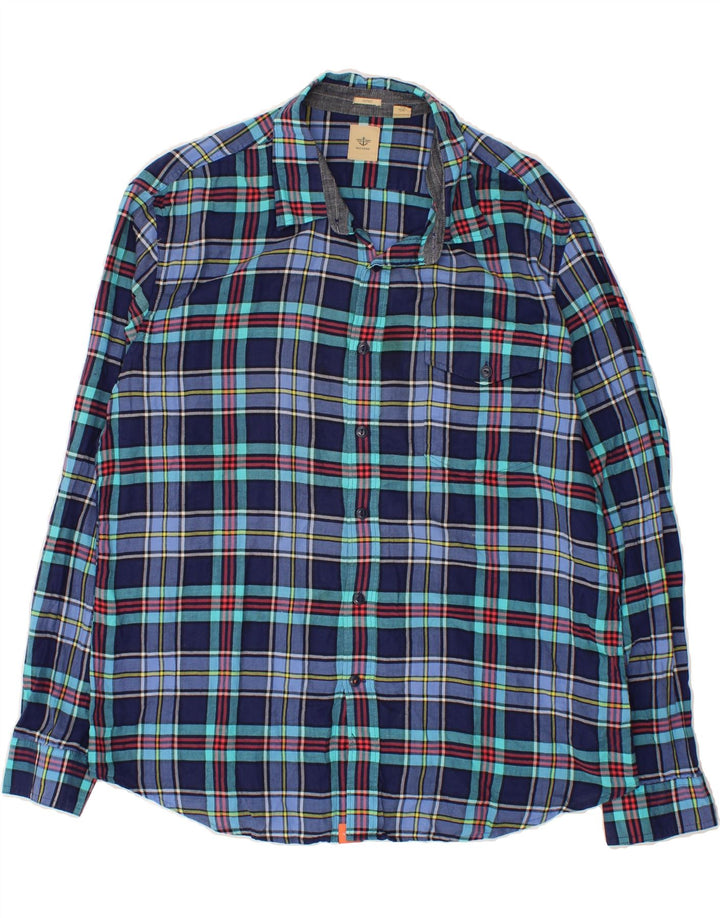 DOCKERS Mens Fitted Flannel Shirt XL Navy Blue Check Cotton Vintage Dockers and Second-Hand Dockers from Messina Hembry 