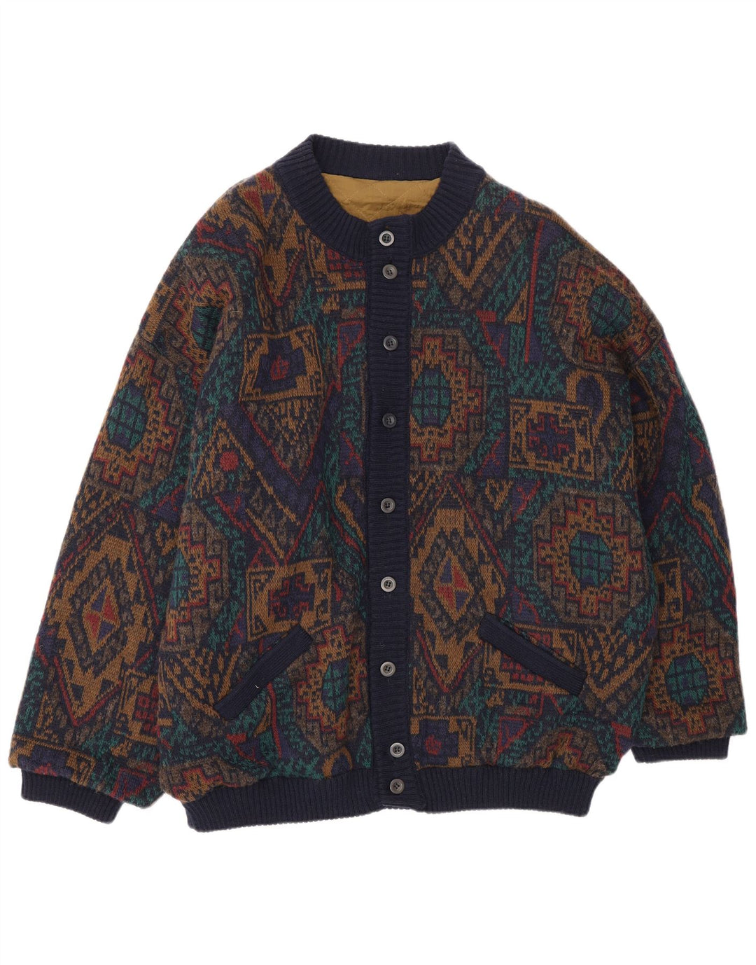 Vintage strik bomberjakke til mænd IT 54 2XL flerfarvet geometrisk uld