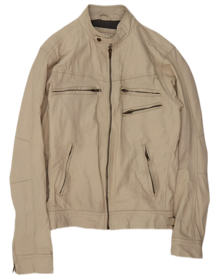 JACK & JONES Mens Leather Biker Jacket UK 40 Large Beige Leather