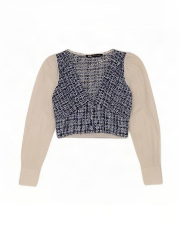 Zara Dame Crop Langærmet Bluse Top UK 4 XS blå ternet bomuld