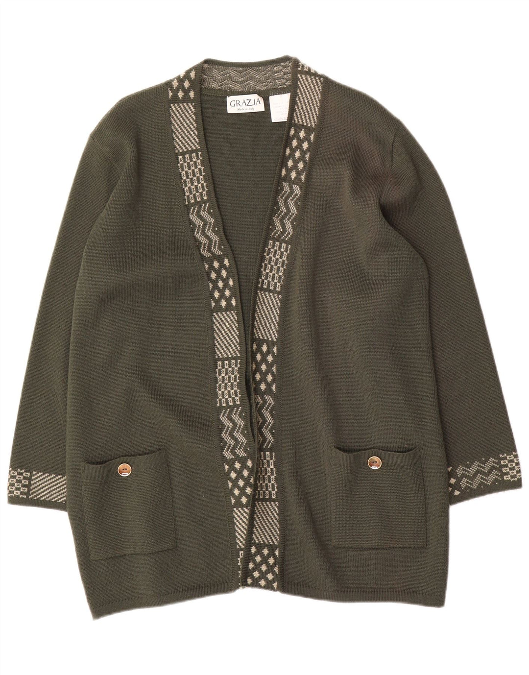 Grazia Dame Longline Cardigan Sweater US 18 2XL Khaki Wool