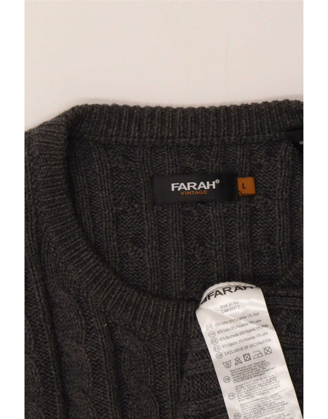 Farah Herre Vintage Crew Neck Jumper Sweater Stor Grå Bomuld