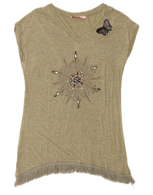 Desigual Dame Grafisk T-Shirt Top UK 12 Medium Grøn