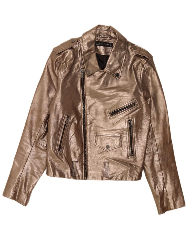 Zara Dame Læder Biker Jacket UK 14 Large Gold