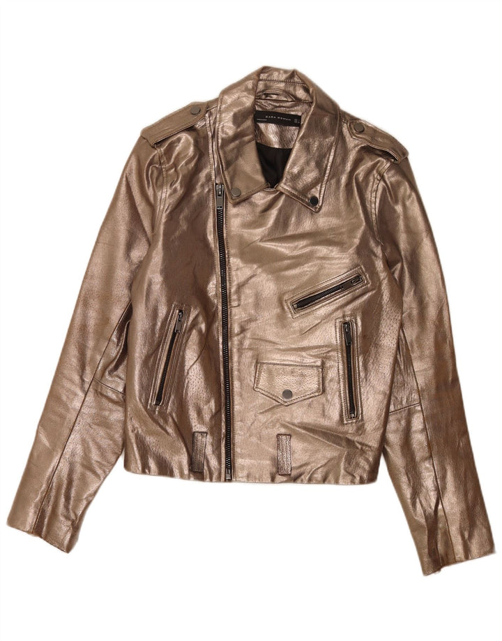Zara Dame Læder Biker Jacket UK 14 Large Gold