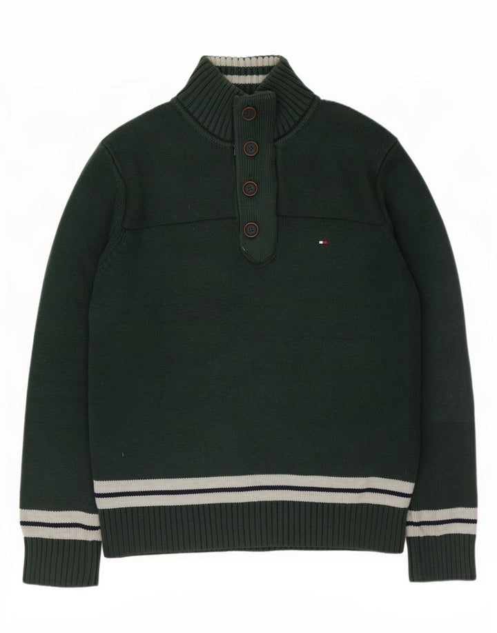 Tommy Hilfiger Herre Button Neck Jumper Sweater Large Green Colourblock