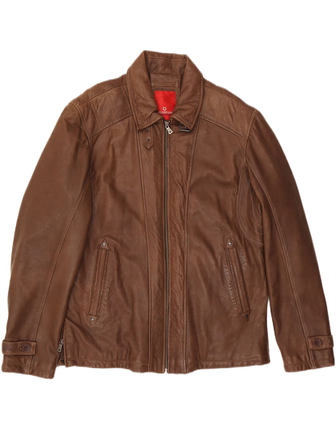 MILESTONE Herre Læderjakke UK 40 Stor Brun Læder