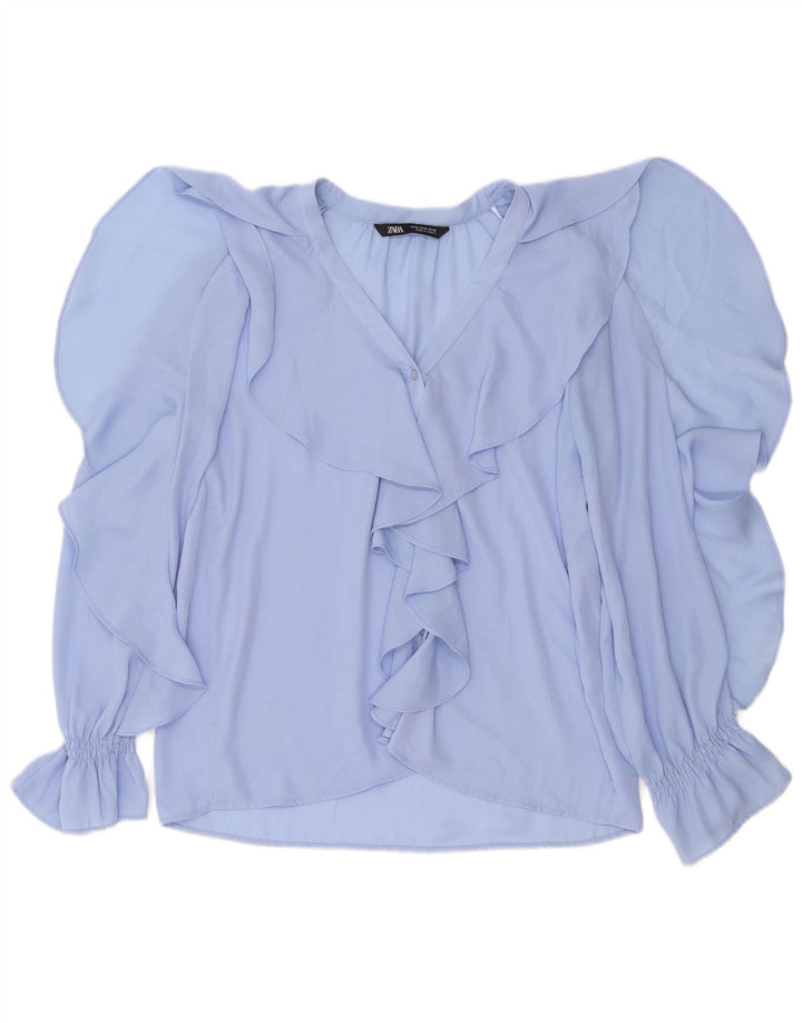 ZARA Dame Flæse Front Shirt Bluse UK 14 Medium Blue