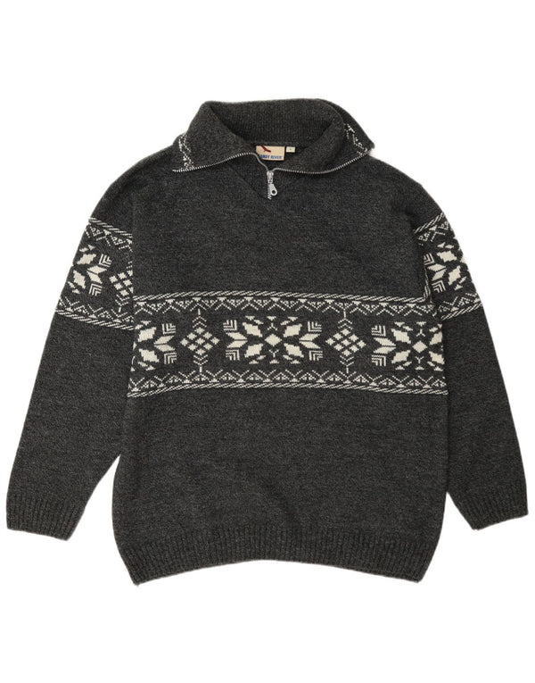 Randy River Herre Zip Neck Jumper Sweater Large Grey Fair Isle Polyacrylic