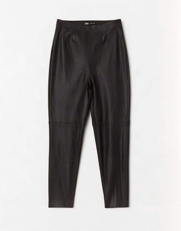 Zara Dame Slim Faux Læder Bukser Large W30 L27 Sort Polyurethan
