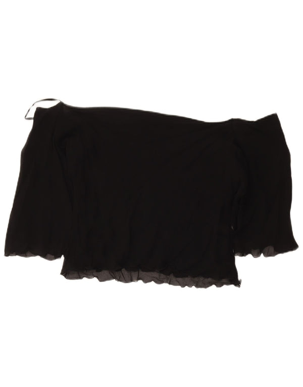 Vintage Dame Crop 3/4 ærme off Shoulder Top UK 18 XL sort blomstret silke