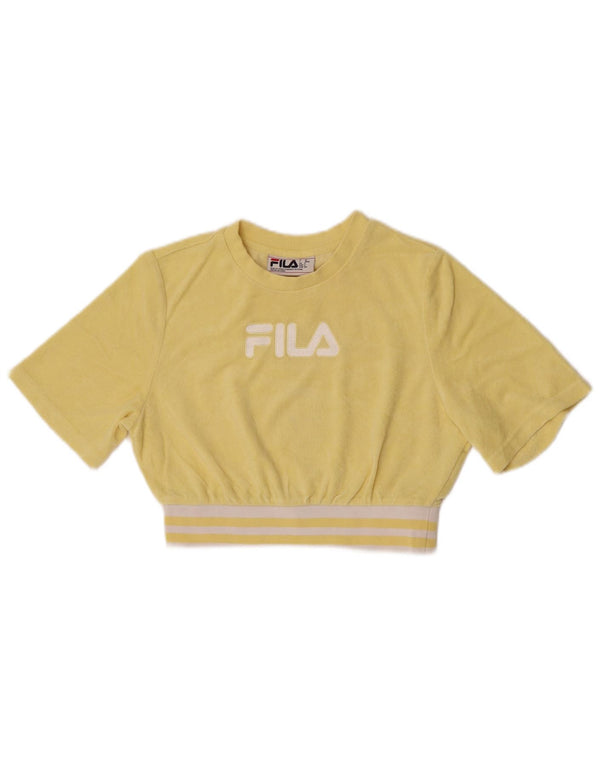 Fila Womens Crop Velvet Graphic T-Shirt Top UK 10 Small Yellow Colourblock