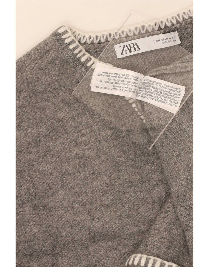 Zara Womens Crop Oversized V-hals sweater UK 12 Medium Grey Uld