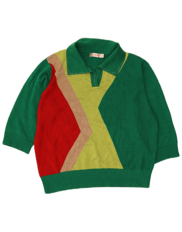 Vintage Dame Polo Neck Jumper Sweater UK 14 Large Green Colourblock