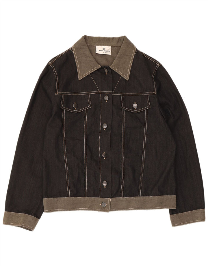 CARLA FERRONI Dame denimjakke UK 14 Medium Sort Colourblock Bomuld