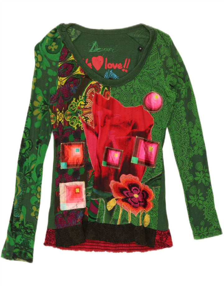 Desigual Dame Grafisk Top Langærmet UK 14 Medium Grøn Bomuld