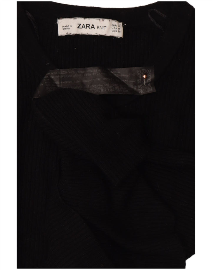 ZARA Womens Crop Button Neck Jumper Sweater UK 12 Medium Black Viscose