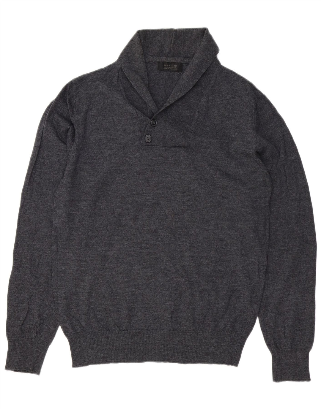Zara Herre Shawl Neck Jumper Sweater Stor Grå Uld