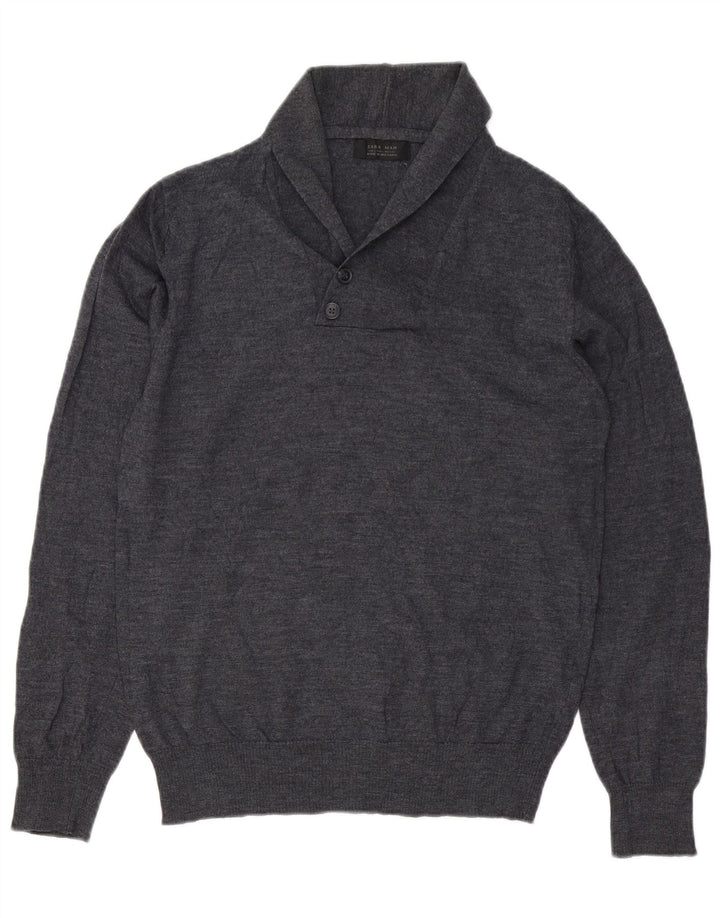 Zara Herre Shawl Neck Jumper Sweater Stor Grå Uld
